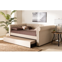 Baxton Studio Ashley-Beige-Daybed-F/T Mabelle Modern and Contemporary Beige Fabric Upholstered Full Size Daybed with Trundle